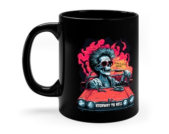 Highway To Hell Retro 80s Road Trip Coffee Mug, Skeleton Driving Convertible, Gifts for Car Lovers, Halloween Mug, Creepy Road Trip to Hell