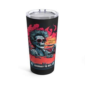 Highway To Hell Retro 80s Road Trip Coffee Tumbler, Skeleton Driving Convertible, Gifts for Car Lovers, Creepy Road Trip, Hot Cold Tumbler