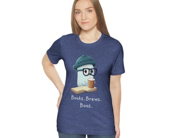 Books Brews & Boos Cute Ghost Drinking Coffee T-Shirt, Unisex Halloween Shirt, Cute Hipster Ghost Drinking Coffee Tee Shirt