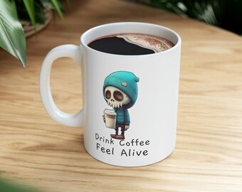 Trink Kaffee Feel Alive Kaffeebecher Felix | Coole Hipster Skelett Tasse | Halloween Kaffee | Lustige gruselige Kaffeetasse | Goth Kaffeebecher