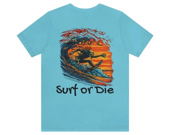 Surf or Die T-Shirt, retro style unisex shirt, gift for surfer, unisex beach shirt, skeleton surfer shirt, halloween beach t-shirt