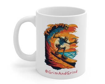 Surf Sun Endless Fun Coffee Mug, Skeleton Surfing Mug, Surf Sunset Beach Cup, Surfer Coffee Cup, Gift for Surfer, Surf Gifts,Surf Coffee Cup