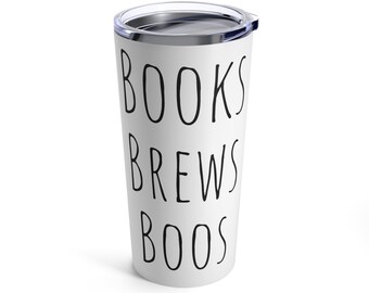Books Brews & Boos Cute Ghost Drinking Coffee Tumbler, Fun Halloween Coffee MugCup Cute Hipster Ghost Hot Cold Tumbler, Gift for Book Lovers