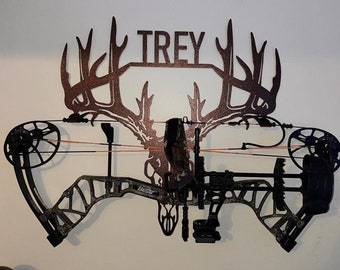Personalized Bow Hanger, Custom Metal Bow Holder, Deer Skull Bow Rack, Metal Bow Holder, Deer Sign, Hunters Gift, Metal Sign, Bow Hunting
