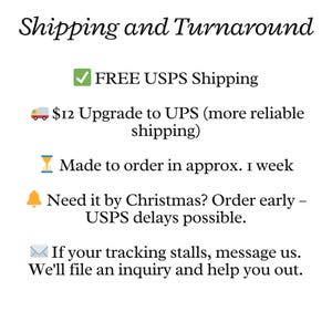 May include: Text on a white background reads "Shipping and Turnaround." Additional text includes "FREE USPS Shipping," "Made to order in approx. 1 week," and a message about Christmas orders and USPS delays. There is also a message about tracking.