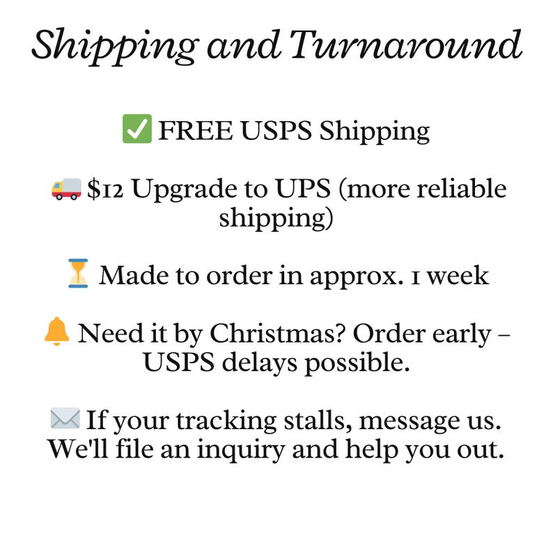 May include: Text on a white background reads "Shipping and Turnaround." Additional text includes "FREE USPS Shipping," "Made to order in approx. 1 week," and a message about Christmas orders and USPS delays. There is also a message about tracking.