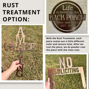 May include: Metal signs with a rust treatment option. The signs include a cross with the word "GRACE", a circular sign that says "Life is better on the BACK PORCH", and a sign that says "NO SOLICITING".