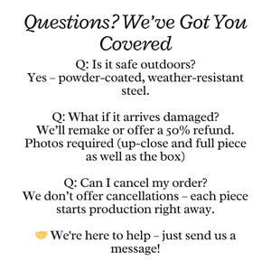 May include: White background with black text. The text reads "Questions? We've Got You Covered." It answers questions about the product, including safety, damage, and cancellations. The image encourages customers to send a message for help.