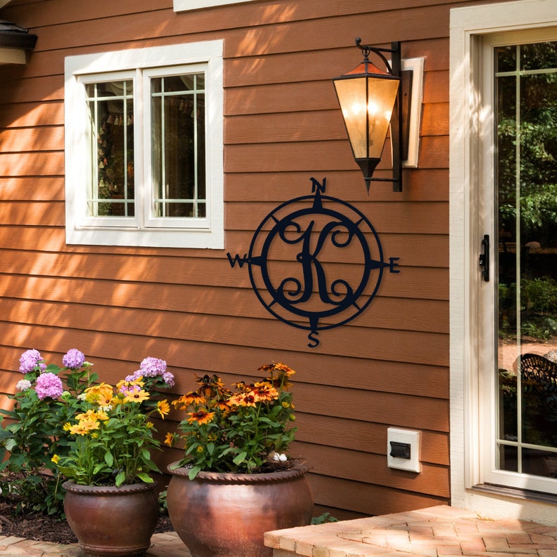 Monogram Initial Sign, Metal Compass Letter Monogram, Nautical Outdoor ...