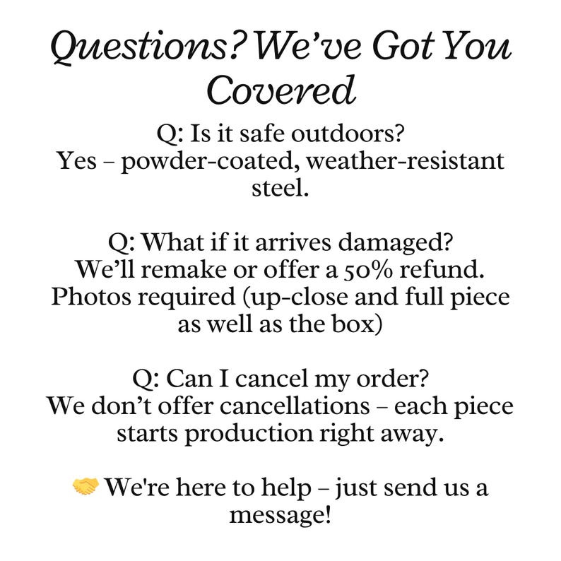 May include: White background with black text. The text reads "Questions? We've Got You Covered." Answers to common questions are provided, including safety, damage, and order cancellation policies. A message encourages customers to reach out for help.