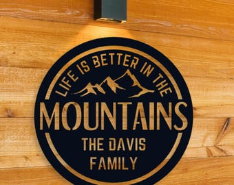 Personalized Mountain Metal Sign, Mountain Wall Art, Nature Wall Art, Custom Family Name Sign, Cabin Wall Art, Custom Housewarming Gift