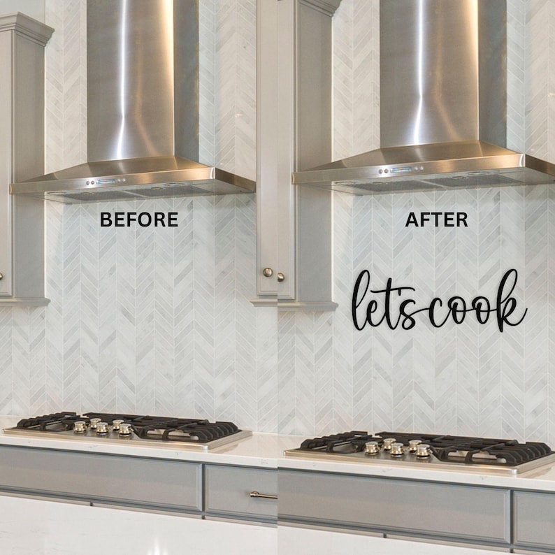May include: A kitchen scene with a stainless steel range hood and a gas cooktop. The text "BEFORE" is above the cooktop on the left, and "AFTER" with the text "let's cook" is on the right. The backsplash is white with a chevron pattern.