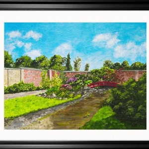 May include: A painting of a garden scene with a red bridge over a stream. The garden is surrounded by a brick wall and lush greenery. The sky is blue with white clouds.