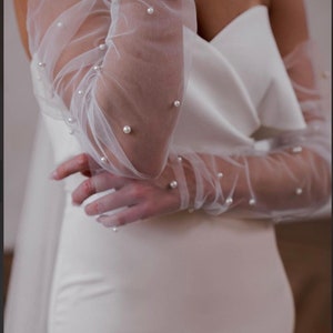 Wedding Fingerless Pearl Gloves, Bridal Tulle Gloves, Elegant Pearl Gloves, Handmade Gloves, Bridal Shower Gift, Vintage Wedding image 2