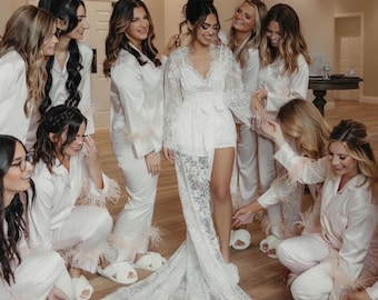 Lace Bridal Robe, Long Lace Robe, Satin Bride Robe, Bridal Lingerie, Maxi Lace Robe, Robe with Train, Cathedral Lace Robe, The Marabella