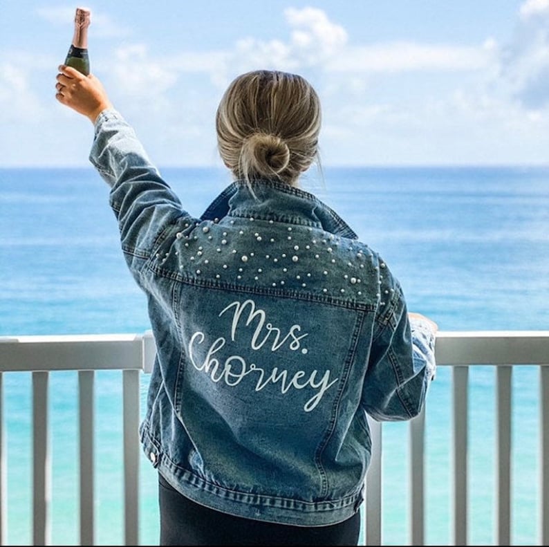 Bride Denim Jacket, Customized Personalized Jacket, Future Mrs., Bride to Be, Pearl Denim Jacket image 1