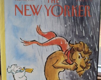 March 13, 1989 vintage The New Yorker magazine cover illustrated by Lee Lorenz; lion and lamb art