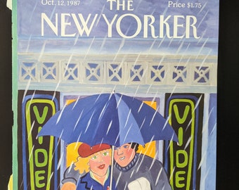 Vintage The New Yorker magazine cover geïllustreerd door Barbara Westman, 12 oktober 1987, film date night, jaren 80 video verhuur, jaren 80 nostalgie,