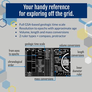 May include: A black and white reference guide for exploring geology. The guide includes a geologic time scale, volume, length, and mass conversions. It also features a ruler with an inner diameter scale and a scannable QR code.