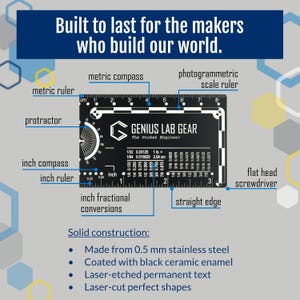 May include: A black metal ruler with a variety of measuring tools, including a protractor, inch and metric rulers, and a compass. The ruler is labeled "Genius Lab Gear, The Pocket Engineer".