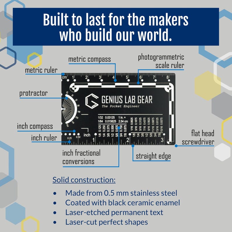 May include: A black metal ruler with a variety of measuring tools, including a protractor, inch and metric rulers, and a compass. The ruler is labeled "Genius Lab Gear, The Pocket Engineer".
