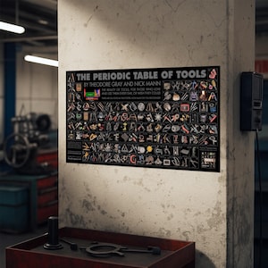 May include: A black poster titled "The Periodic Table of Tools" by Theodore Gray and Nick Mann. The poster displays various tools in a grid format, with text that reads "The beauty of tools, for those who love and use them every day or wish they could."