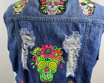 Distressed Denim Vest - One of A Kind - Customized with Day of the Dead Skulls