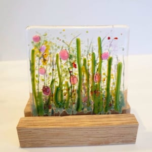 Fused Glass Floral Tile with Oak Stand: Handmade Pink Flower Art