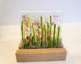 Fused Glass Floral Tile with Oak Stand: Handmade Pink Flower Art