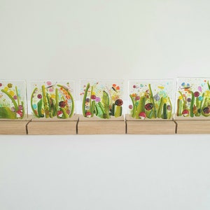 May include: Five small glass squares with colorful images of a garden scene with flowers, mushrooms, ladybugs, and dragonflies. Each square is mounted on a small wooden base.