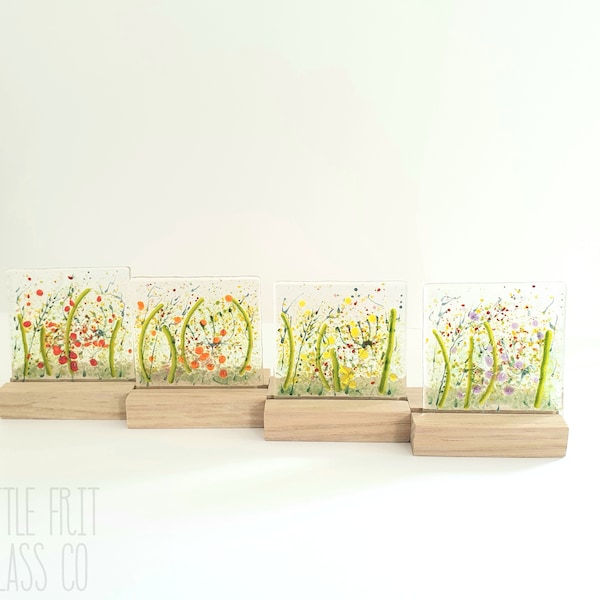 Mini Fused Glass Floral Tile & Bespoke Oak Stand Handmade Original Unique Birthday Gift Happy Home Fused Glass Mother's Day Cute Flowers