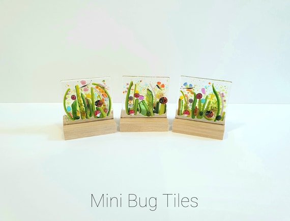 Handmade Fused Glass Bug Tile with Oak Stand: Dragonfly, Bee, Ladybug