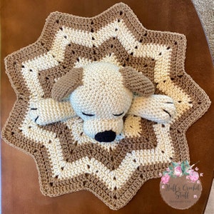 Schläfriger Welpe Hund Lovey | Braun und Beige | 9 Point Star Decke | Baby-Lovey | Gehäkelt