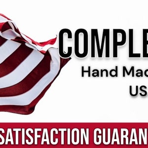 May include: Image shows a waving American flag with the text "COMPLETELY Hand Made in the USA" and "100% SATISFACTION GUARANTEE". The flag has red and white stripes and a blue field with white stars.