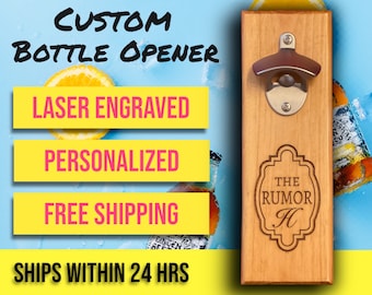 Personalized Wall Mount Bottle Opener, Laser Engraved Home Bar Gift