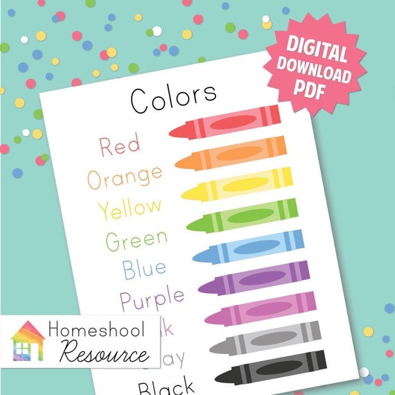 Colors Chart Printable Digital Download Homeschool Resource | Etsy