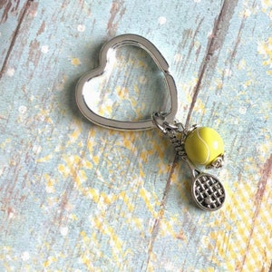 Tennis Lovers heart keychain with tennis ball and tennis racquet charm