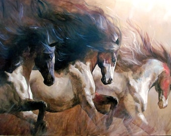 May include: A painting of three horses running with their manes flowing in the wind. The horses are brown, white, and black with a light brown background.