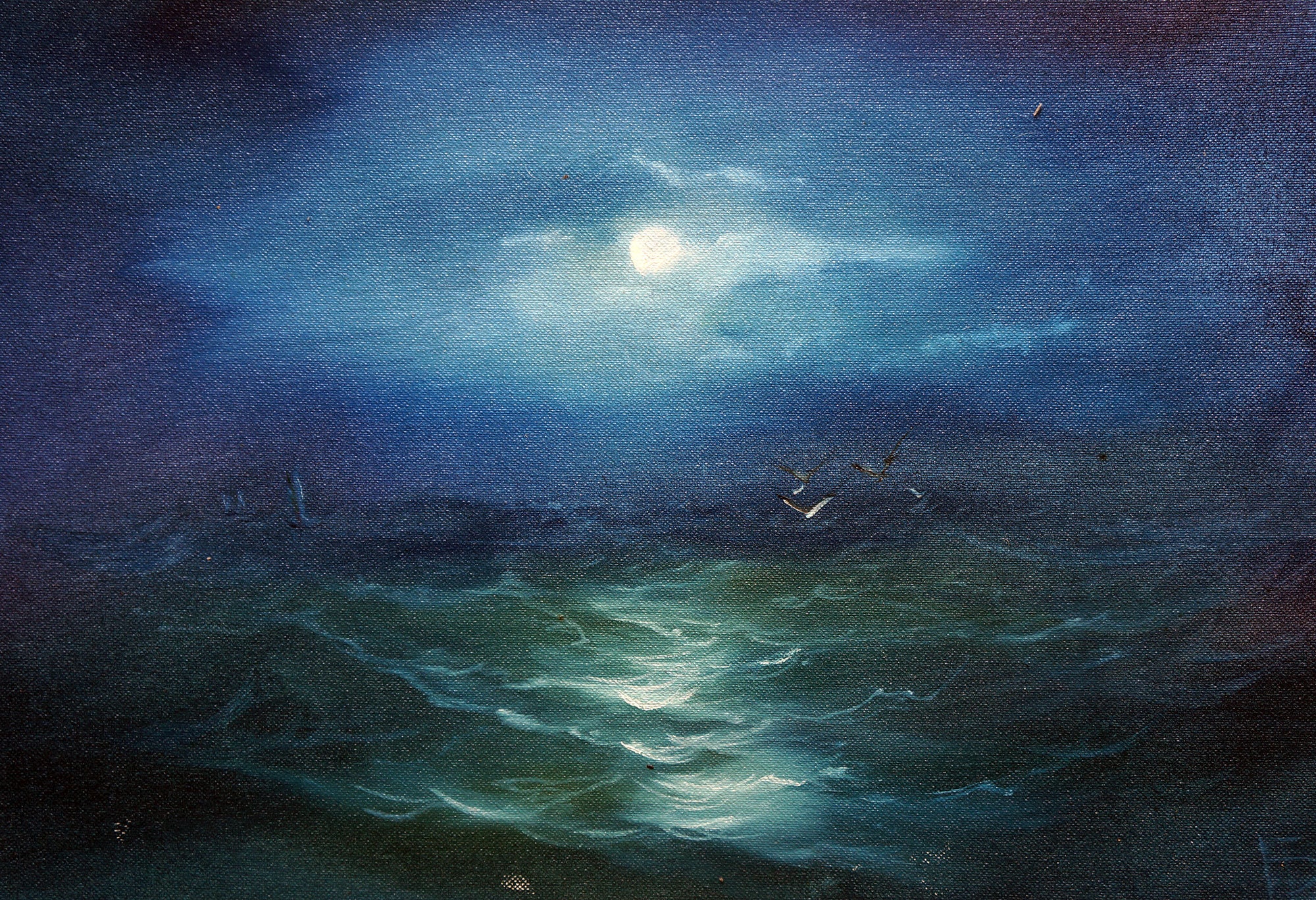 Moonlight Night Seascape Painting Original Art Oil on Canvas