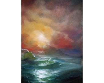 Storm Seascape Painting Original Art Ocean Moonlight Large Oil Canvas Artwork by ArtBolot