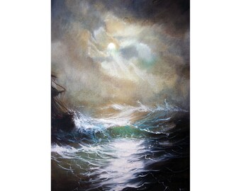 Storm Seascape Painting Original Art Oil on Canvas Artwork Moonlight by Artbolot