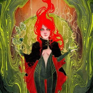May include: A woman with long red hair stands in a green and black swirling background. She wears a black cape with a red lining and a black jumpsuit. She holds her hands out, and green liquid drips from her fingertips.