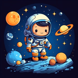 PNG espaciales generados por IA: astronautas, planetas y estrellas de dibujos animados brillantes para pegatinas y decoración de guardería
