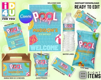 Pool Party Verjaardagsfeestbundel bewerkbaar, zomerfeestdecoraties bewerkbaar, Splash-feestgunsten