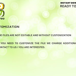 Puede incluir: Texto sobre un fondo verde con un borde blanco que dice "INSTANT DOWNLOAD READY TO EDIT" y "CUSTOMIZATION". El texto debajo dice "THE FILES ARE NOT EDITABLE AND WITHOUT CUSTOMIZATION" y "IF YOU NEED TO CUSTOMIZE THE FILE WE CHARGE ADDITIONAL. CONTACT TO US I YOU ARE INTERESTED."