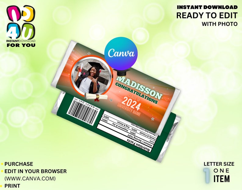 Graduation Party Candy Wrapper Editable With Picture, Class of 2024 ...