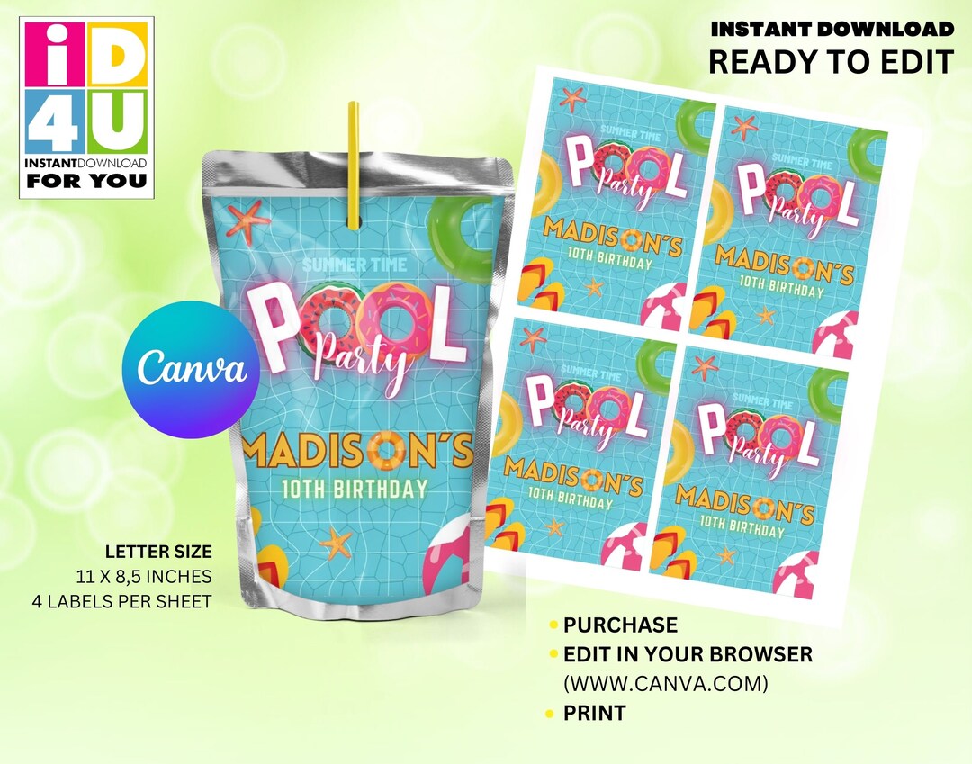 Pool Party Capri Sun Label Editable, Summer Pool Editable Juice Pouch ...