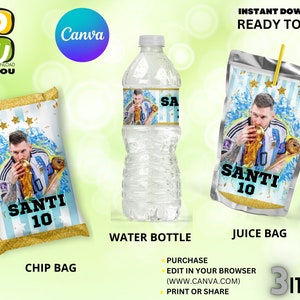 Messi Argentina Party Bundle Editable, Argentina party favors editable, Argentina Messi Chip Bag juice bag and water label