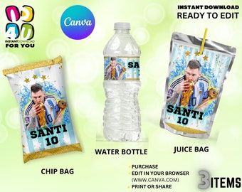 May include: A set of three printable party favor labels featuring a soccer player holding a trophy. The labels are designed for a chip bag, a water bottle, and a juice bag. The labels are decorated with gold glitter and stars. The text on the labels reads "Santi 10".