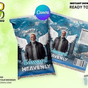 May include: A blue and white chip bag template with a photo of a man with angel wings. The text "In Memory Of Edward Heavenly" is on the bag. The bag is ready to be edited and printed.